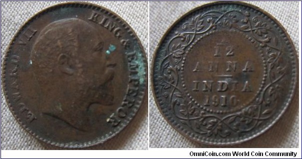 1910 1/12 anna, VF but some verderis