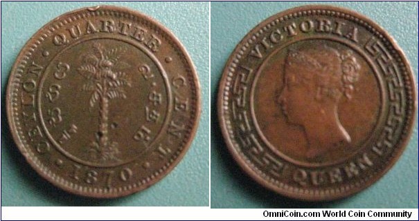 1870 British Ceylon Quarter Cent Queen Victoria Copper Coin