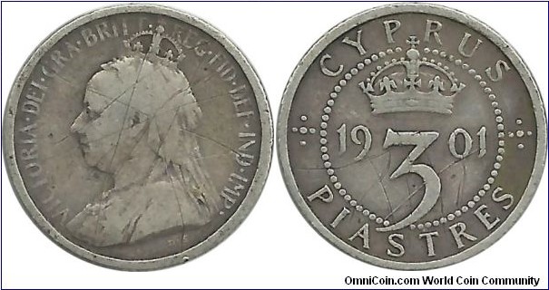 Cyprus-British 3 Piastres 1901 (another coin in my collection, but has scratches on the both side) 