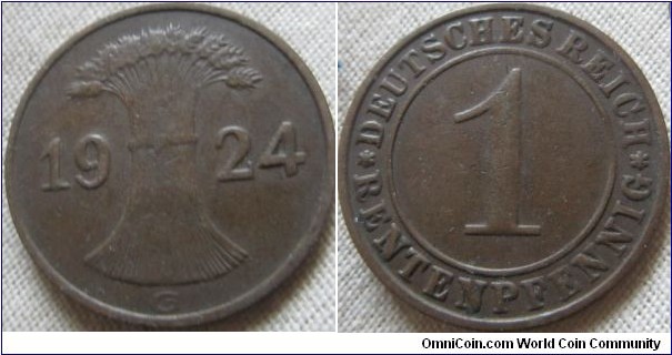 1924 G 1 Rentenpfennig
7,366,000 minted