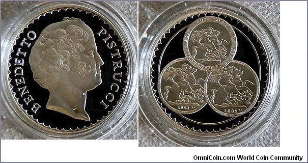 1993 UK Pistrucci Sovereign Proof Centenary Collection Coin issued by Royal Mint. Silver: 38.61MM./28.28 gms. Mintage: 1,250
Obv: Bust o to right, Legend BENEDETTO PISTRUCCI. Rev: Commemorates the 100th Anniversary of Sovereign the classic Dragon designs by Pistrucci.

