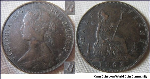 Extremely rare 1862 Halfpenny B over R in BRITT, unlisted in all but gouby, which lists it as 2 known, this is the 3rd example i know of myself.