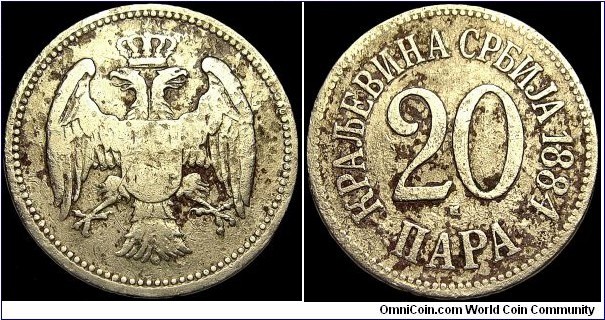 Serbia - 20 Para - 1884 - Milan I (1868-1889) - Weight 5,6 gr - Copper-Nickel - Size 22 mm - Thickness 1,8mm - Alignment Medal (0°) - Edge : Smooth - Mintage 6 000 000 - Reference KM# 20 (1883-1917) 