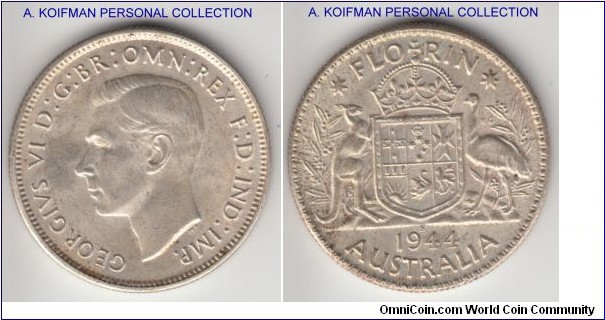 KM-40, 1944 Australia florin, San Francisco mint (S mint mark); silver, reeded edge; George VI war time, uncirculated or almost for wear, light but yet a bit dirty.