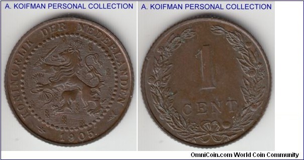 KM-132.1, 1905 Netherlands cent; bronze, reeded edge; chocolate glossy uncirculated or almost.