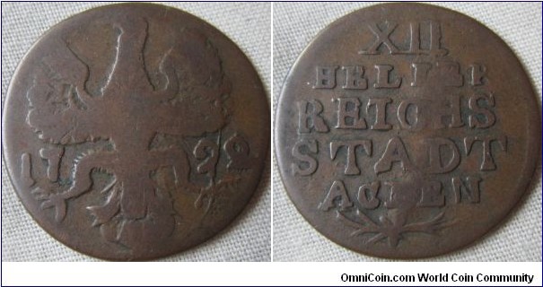 worn 12 Heller from the german state of Aachen, a over an earlier a in Achen