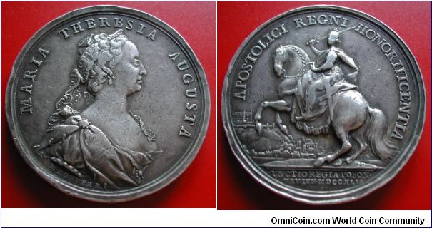 1741 Austria Maria Theresia on the Crowning Achievement in Bratislava Medal by Franz Anton A. WIDEMAN of Vienna. Silver: 43MM./34.9 gms.Obv: Bust of Marie Therese in diadem to right. Signed A. WILDMAN.  Legend MARIA THERESIA AUGUSTA. Signed M.DONNER F. Rev: The Queen on on horseback to left. Cityscape of Bratislava in background. Legend APOSTOLICI REGNI HONORIFICENTIA. Exergue UNCTIO REGIA POSON.XXV.JUN.MDCCXLI.
