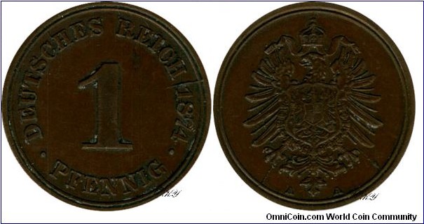 1 Pfennig 1874 A, edge: plain, 
diameter: 17.50 mm, 
weight: 2.00 g, 
Bronze