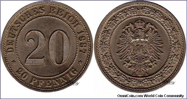 20 Pfennig 1887 A, edge: plain, diameter: 23.00 mm, weight: 6.25 g, Cu-Ni