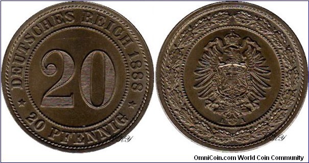 20 Pfennig 1888 A, edge: plain, diameter: 23.00 mm, weight: 6.25 g, Cu-Ni 