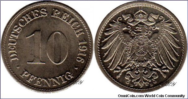 10 Pfennig 1916 D, edge: plain, diameter: 21.00 mm, weight: 4.00 g, Cu-Ni 