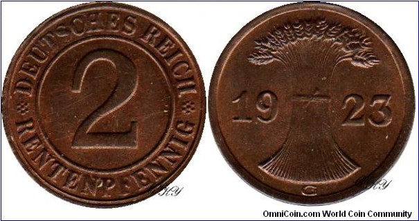 2 Pfennig 1923 G, edge: plain, diameter: 20.00 mm, weight: 3.33 g, Bronze 