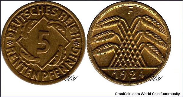 5 Pfennig 1924 F, edge: reeded, diameter: 18.00 mm, weight: 2.50 g, Cu-Al