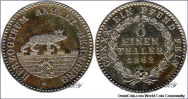 1/6 Taler 1862 A, Anhalt-Bernburg, edge: GOTT SEGNE ANHALT, diameter: ---- mm, weight: 5.34 g, Ag 0.520