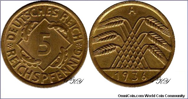 5 Pfennig 1936 A, edge: reeded, diameter: 18.00 mm, weight: 2.50 g, Cu-Al 