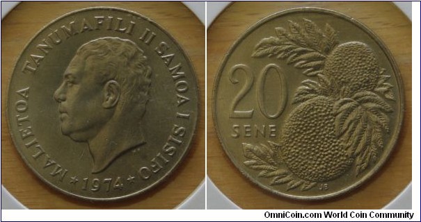 Samoa | 
20 Sene, 1974 | 
28.5 mm, 11.31 gr. | 
Copper-nickel | 

Obverse: Chief Malietoa Tanumafili II facing left, date below | 
Lettering: * MALIETOA TANUMAFILI II SAMOA I SISIFO * 1974 |

Reverse: Breadfruit, denomination left | 
Lettering: 20 SENE |