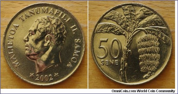 Samoa | 
50 Sene, 2002 | 
32.3 mm, 14.14 gr. | 
Copper-nickel | 

Obverse: Chief Malietoa Tanumafili II facing left, date below | 
Lettering: * MALIETOA TANUMAFILI II. SAMOA * 2002 |

Reverse: Banana Tree, denomination left | 
Lettering: 50 SENE |