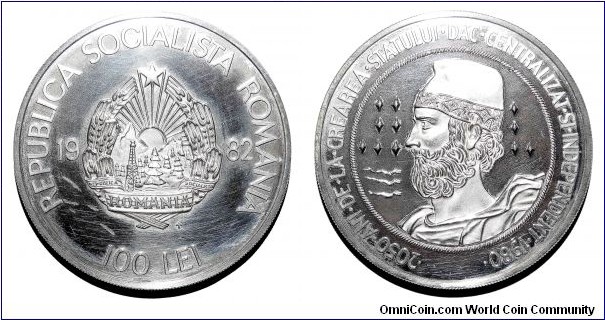 ROMANIA (SOCIALIST REPUBLIC)~100 Lei 1982. Silver proof: 2,050th
Anniversary of First Independent State. Two-year type. Mintage: 928 *RARE*
