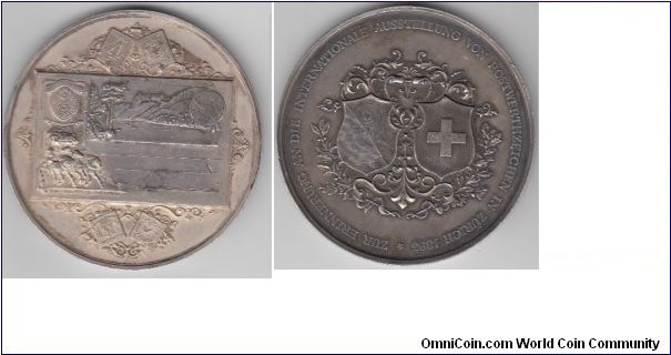 1893 Swiss Exposition Internationale de Philatelie in Zurich Stamp Medal by Hugues Bovy F. Silver 70MM./163 gms.
