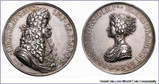 1676 Austria Haus Habsburg Leopold I on his 3rd Marriage with Eleonore Magdalene Therese by Pfalz-Neuburg.Medal by P.H.Muller . Silver: 53.3 MM./75.3 gms.
Obv: Geharnischtes Bust of the Emperor right with laurel and the chain of the Order of the Golden Fleece, legend LEOPOLDVS.AVG.IMP.CAESAR.P.F Rev: Bust of Empress I with hair piled high to left.  Legend ELEONORA.MAG.TERES.C.PR.I.C.E.M.D.ROM.IMPx.
