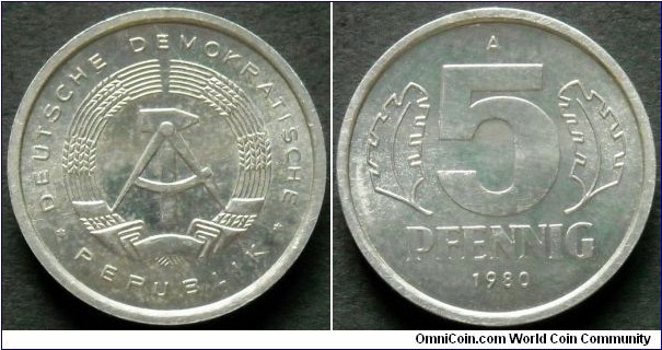 German Democratic Republic (East Germany)
5 pfennig.
1980, Al-mg. Weight; 1,1g.
Diameter; 19mm.
Mint; Staatliche Münze Berlin (A)
Mintage: 31.983.270 pieces.
