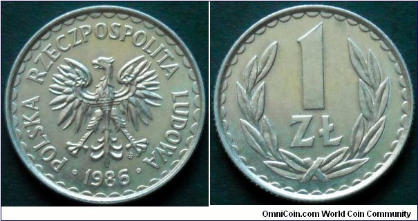 Poland 1 złoty.
1986, Al.
Weight; 2,2g.
Diameter; 25mm.
Mint Warsaw.
Mintage: 130.697.000 pieces.
