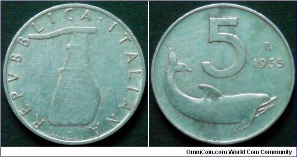 Italy 5 lire.
1955, Al.
Weight; 1g.
Diameter; 20,2mm.
Mint Rome.
Minatge: 159.000.000 pieces.