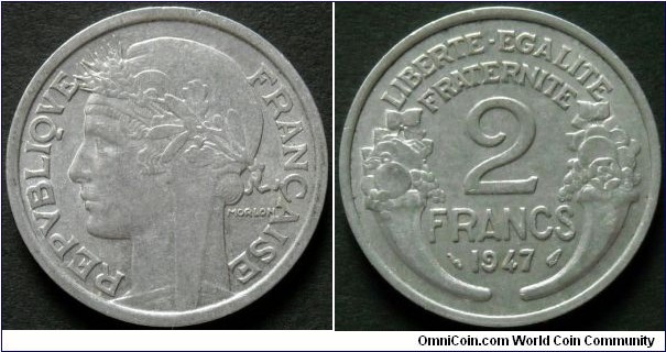 France 2 francs.
1947, Al.
Weight; 2,2g.
Diameter; 27mm.
Mint; Monnaie de Paris (Paris Mint)
Mintage: 78.984.000 pieces.
