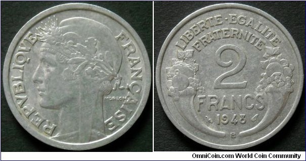 France 2 francs.
1948, Al.
Weight; 2,2g.
Diameter; 27mm.
Mint; Beaumont-le-Roger (B)
Mintage: 39.090.000 pieces.