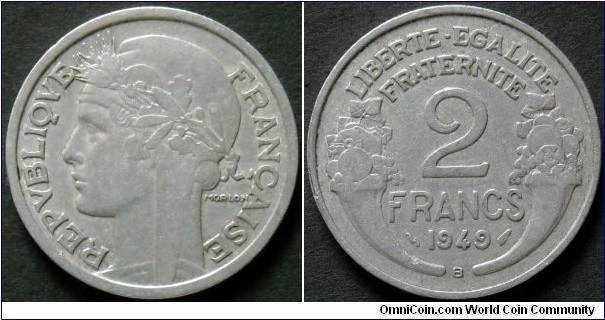 France 2 francs.
1949, Al.
Weight; 2,2g.
Diameter; 27mm.
Mint; Beaumont-le-Roger (B)
Mintage: 23.955.000 pieces.