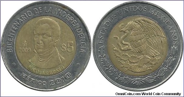 Mexico 5 Pesos 2009-Nicolas Bravo