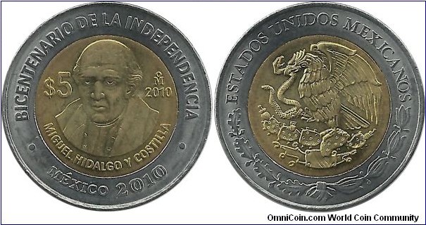 Mexico 5 Pesos 2010-Miguel Hidalgo y Costilla