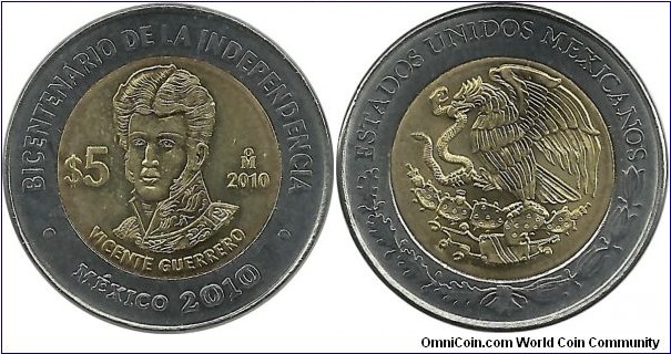 Mexico 5 Pesos 2010-Vicente Guerrero
