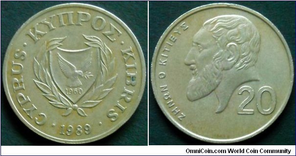 Cyprus 20 cents.
1989, Nickel-brass.
Weight; 7,75g.
Diameter; 27,25mm.
Mintage: 2.000.000 pieces.