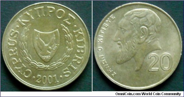 Cyprus 20 cents.
2001, Nickel-brass.
Weight; 7,75g.
Diameter; 27,25mm.
Mintage; 15.000.000 pieces.