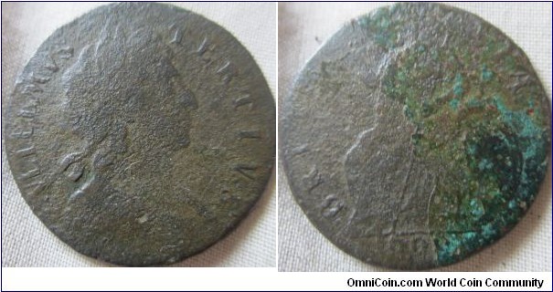 1696 halfpenny, some ground damage but clear details