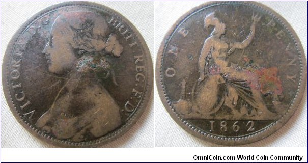 1862 penny, solid details but fair
