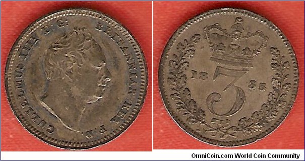 3 pence 1835. William IV. Sterling silver