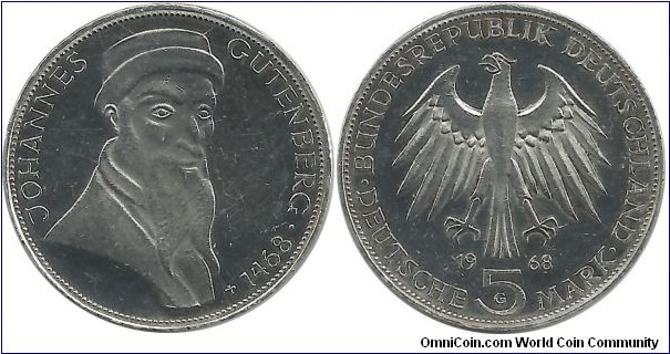 Germany-West 5 Deutsche Mark 1968G-Johannes Gutenberg