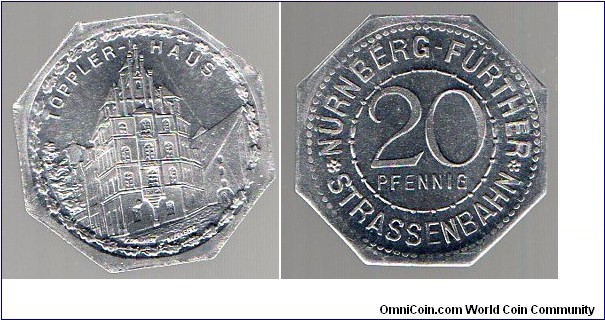 20 Pfennig 
Nuernberg Fuerth Toppler House Tramway 
Emergency coin 