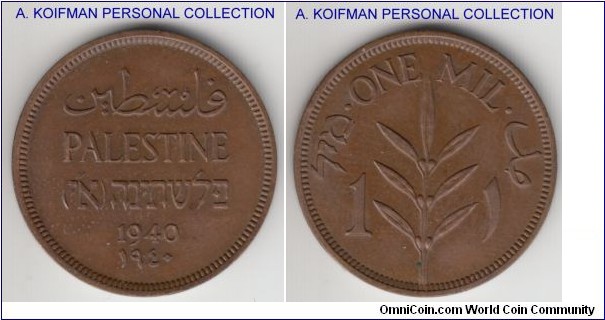 KM-1, 1940 Palestine (British mandate) mil; bronze, plain edge; uncirculated, some handling marks, but no wear; scarce year with low mintage.