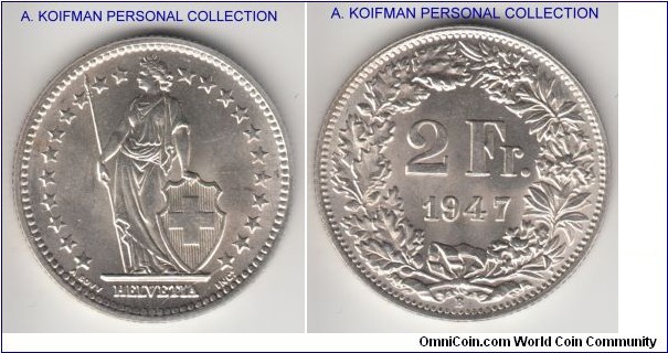 KM-21, 1947 Switzerland 2 francs, Berne mint (B mint mark); silver, reeded edge; nice bright brilliant uncirculated specimen, scarcer year.