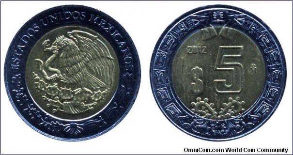 Mexico, 5 pesos, 2012, Steel-Al-Bronze, Bi-metallic, 25.5mm, Mexican Eagle.
