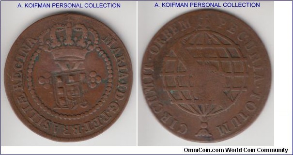 KM-273.1, ND (1809) Brazil 20 reis; double value shield counterstamp over 1796(?) Maria 10 reis; copper; good fine plus host, clear counterstamp.