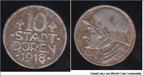 Stadt Duren 
10 pfennig 
Kriegsgeld - War Money