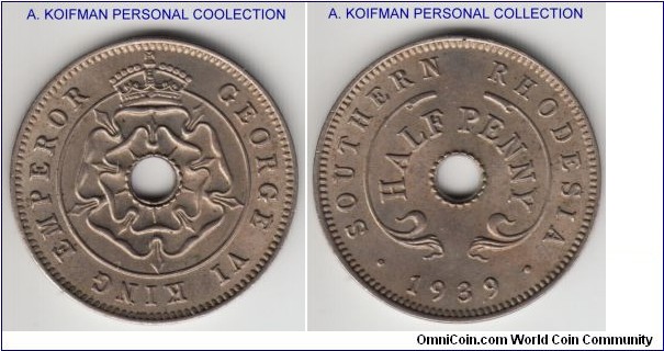 KM-14, 1939 Souther Rhodesia half penny; copper-nickel, plain edge; average uncirculated but with significant patina and dirt in places.
