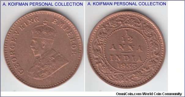 KM-509, 1933 British India 1/12 anna; bronze, plain edge, toning red brown uncirculated specimen.