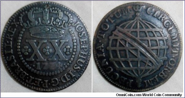 JOSEPHUS·I·D·G·P·ET·BRASIL·REX
XX
·1774·

Years	1752-1776
Value	20 Réis (20)
Metal	Copper
Shape	Round