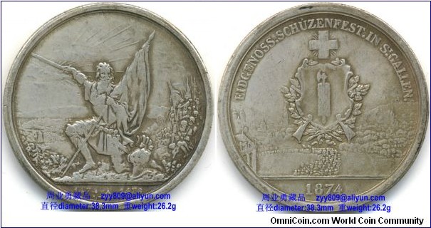 1874 Swiss Federal Shooting Festival Thaler Silver Coin, Inscription or Legends: Obverse: 1474 A 1476 ( 1474 to 1476), A. BOVV F., Reverse: EIDGENOSS. SCHUZENFEST. IN ST. GALLEN. (Translation: Federal shooting festival in St. Gallen – 1874) 
