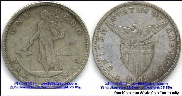 1903 United States Filipinas One Peso Silver Coin, Obverse: ONE PESO, FILIPINAS. Reverse: UNITED STATES OF AMERICA 1903